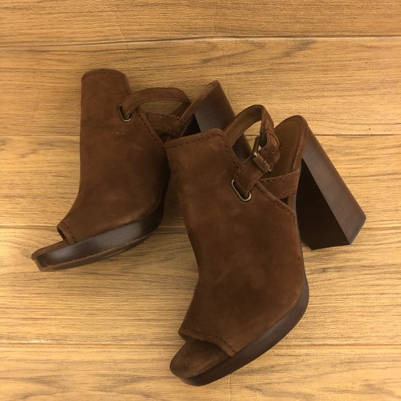 Frye Dani Shield Sling Peep Toe Ankle leather suede cognac tan Booties, 9.5 - Picture 5 of 16